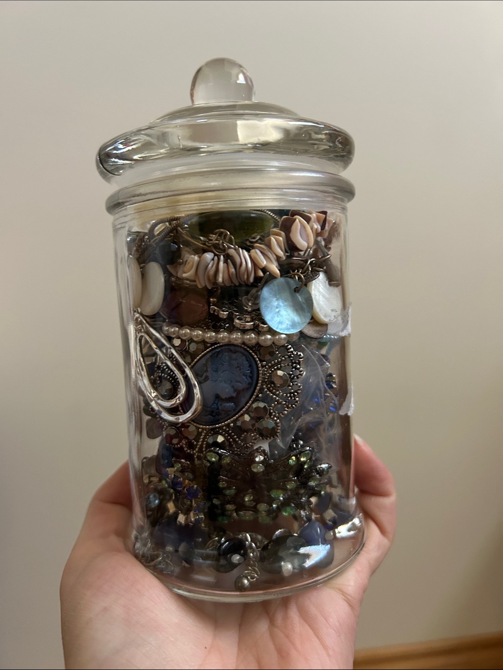 Glass Jar Filled with Assorted Jewelry - Clear, Purple, Blue, Silver